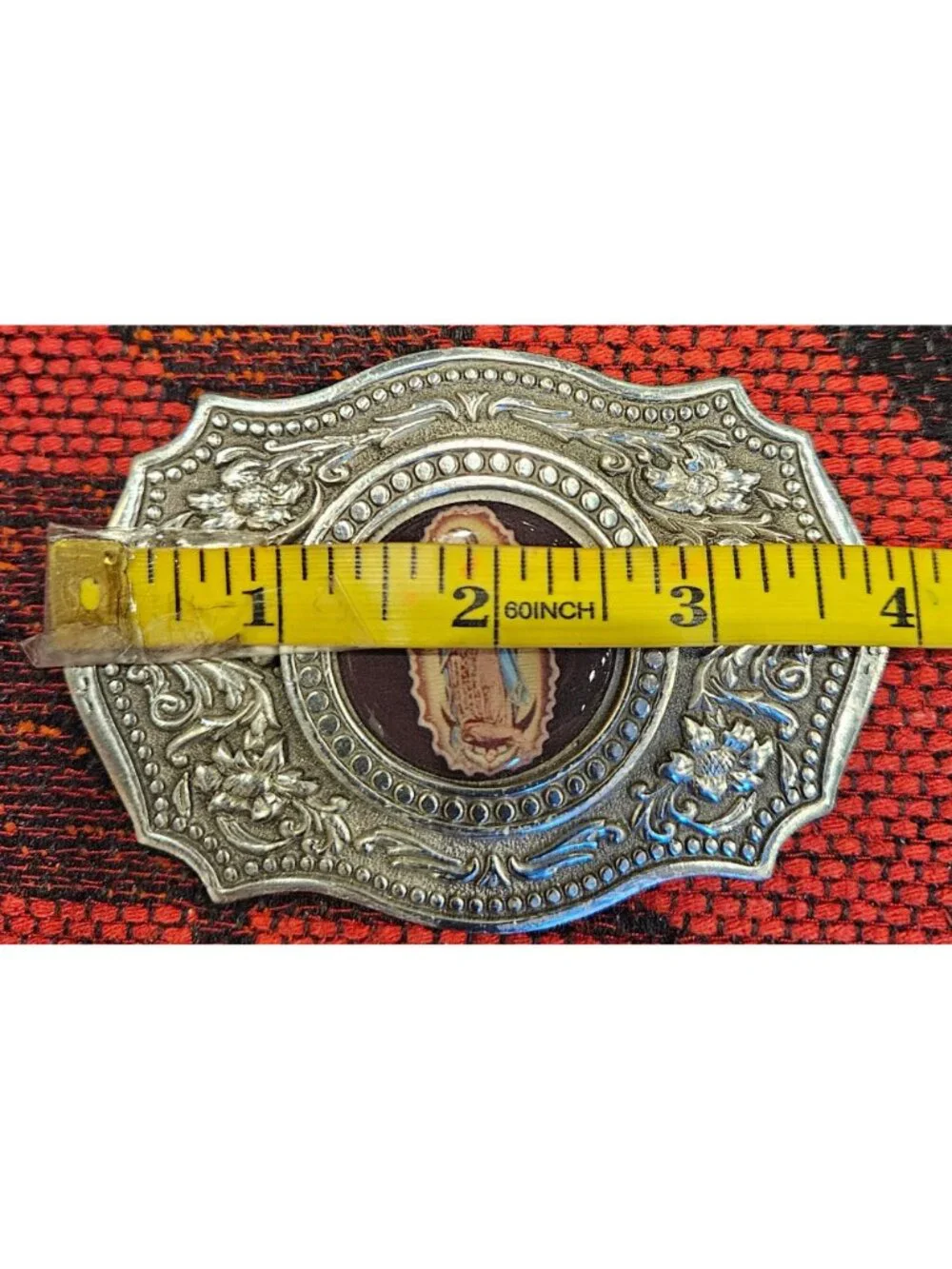 VINTAGE Virgin Mary Fine Pewter Belt Buckle  Intricate Floral Design